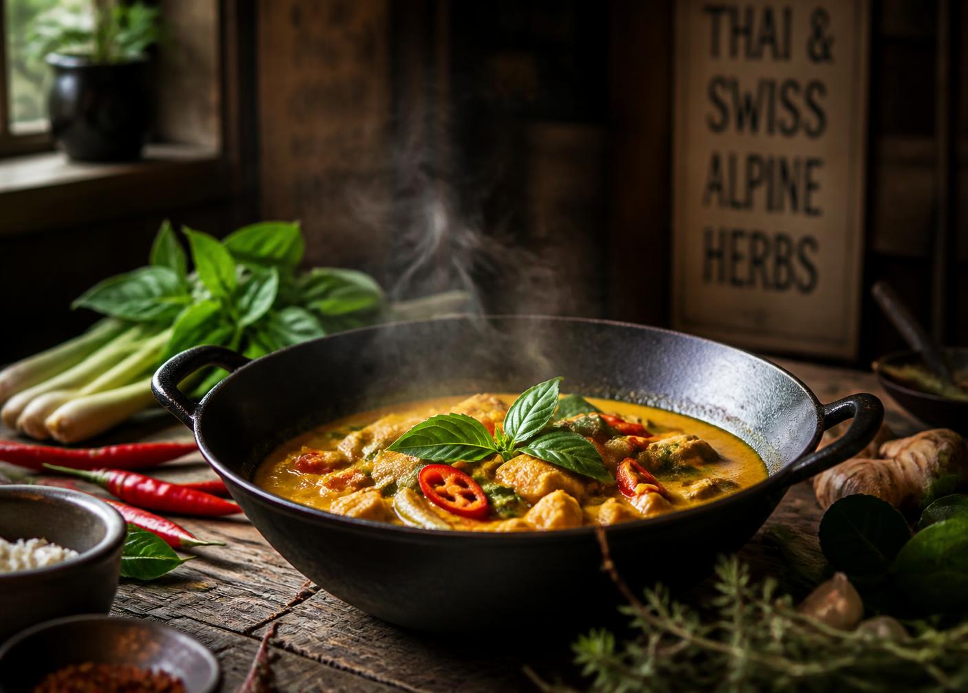 Wok de curry thaï fumant entouré d'herbes fraîches et de piments