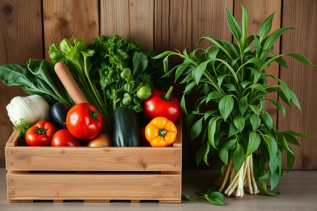 Caisse en bois remplie de légumes frais à côté d'un bouquet de basilic thaï